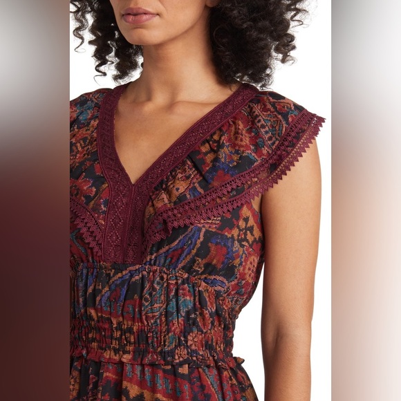 TAHARI ASL Print Lace Trim Tiered Midi Dress - Size 8 - Picture 4 of 16